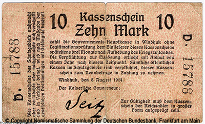Government Deutsch-Südwestafrika. Kassenshein. 10 Mark. 8. August 1914.