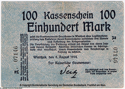 Government Deutsch-Südwestafrika. Kassenshein. 100 Mark. 8. August 1914.