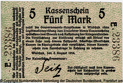 Government Deutsch-Südwestafrika. Kassenshein. 5. Mark. 8. August 1914.