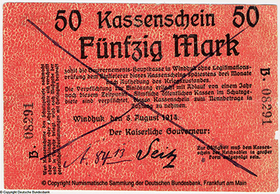 Government Deutsch-Südwestafrika. Kassenshein. 50 Mark. 8. August 1914.