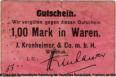 J. Kronheimer & Co. m.b.H.  Gutschein 1,00 Mark in Waren