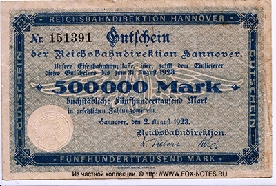 Reichsbahndirektion Hannover 500000 Mark 1923