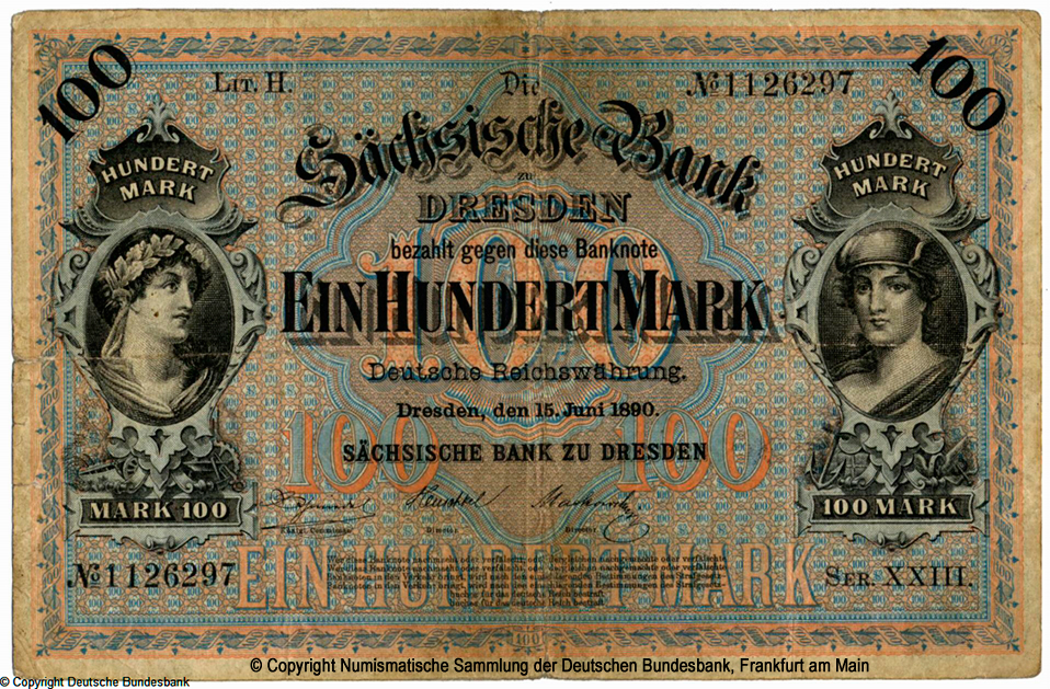 Sächsischen Bank zu Dresden. Banknote. 100 Mark 1890. XXIII