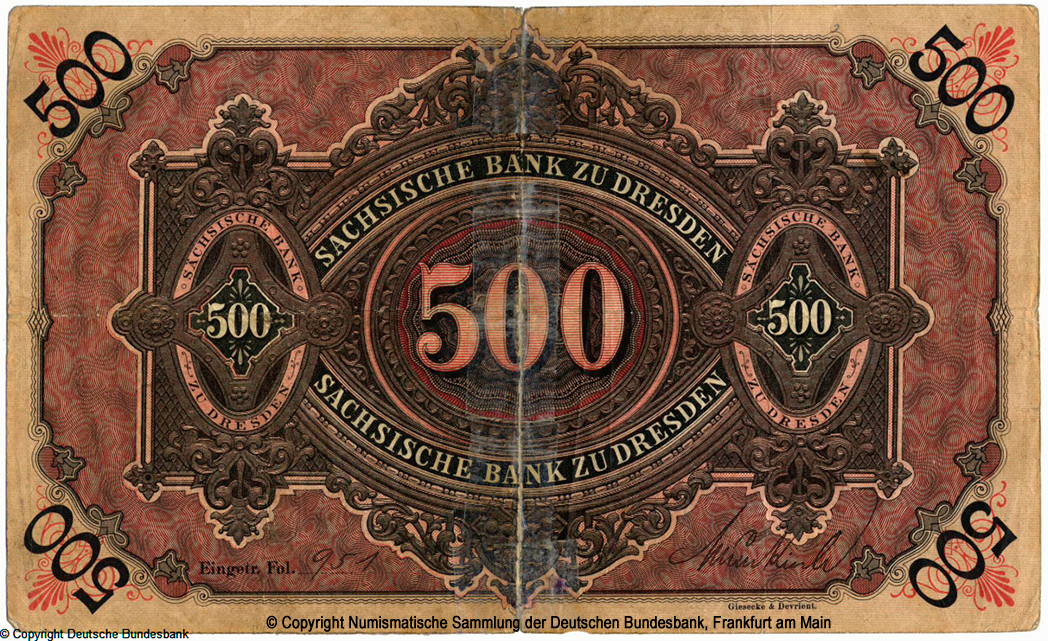 Sächsischen Bank zu Dresden. 500 Mark 1890.