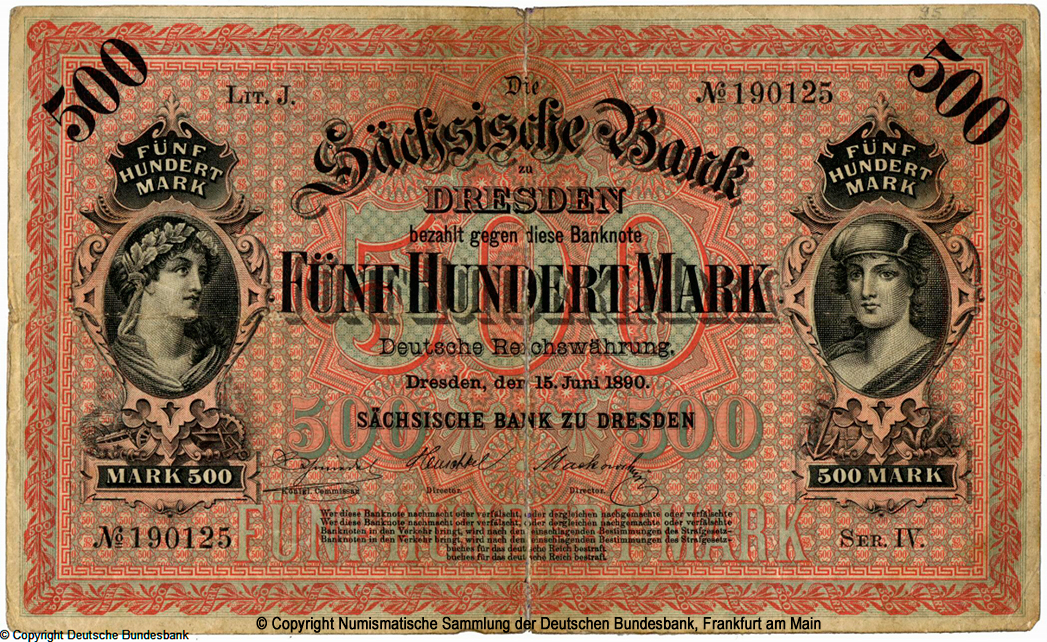 Sächsischen Bank zu Dresden. Banknote. 500 Mark 1890.