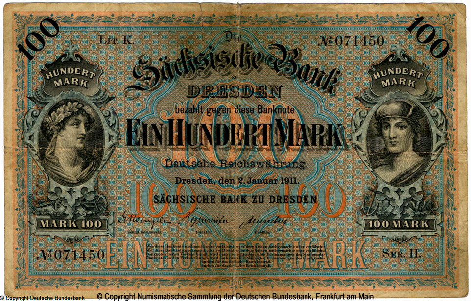 Sächsischen Bank zu Dresden 100 Mark 1911 Litt K. Ser. I. - VII.  .  