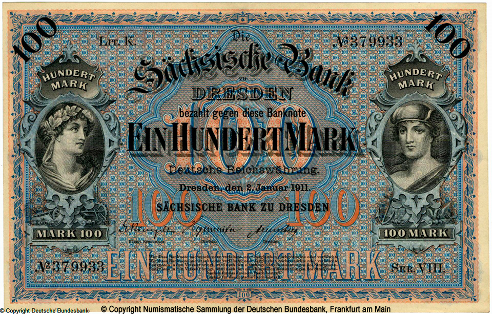 Sächsischen Bank zu Dresden 100 Mark 1911 Litt K.
