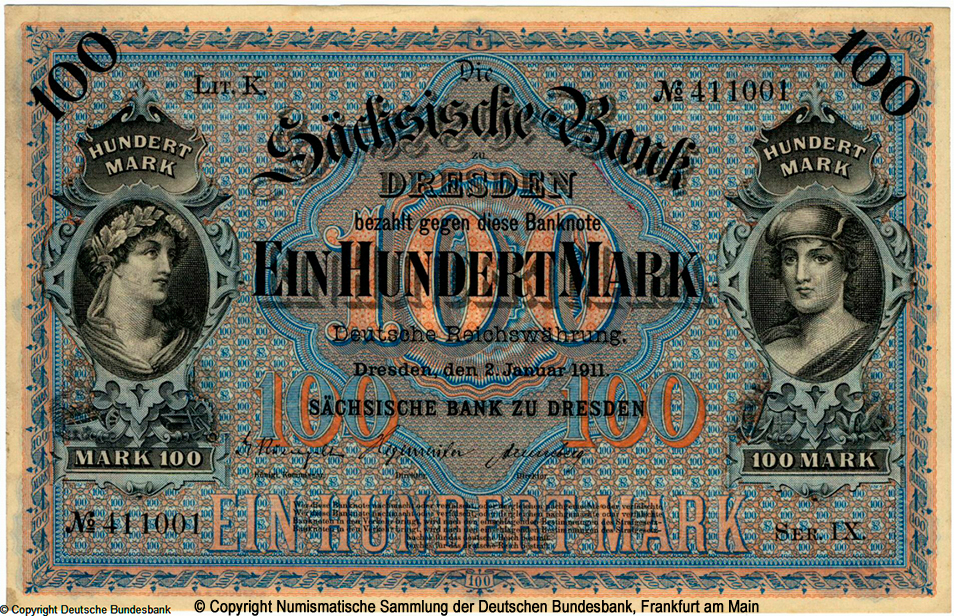 Sächsischen Bank zu Dresden 100 Mark 1911 Litt K. Ser. IX.  .  