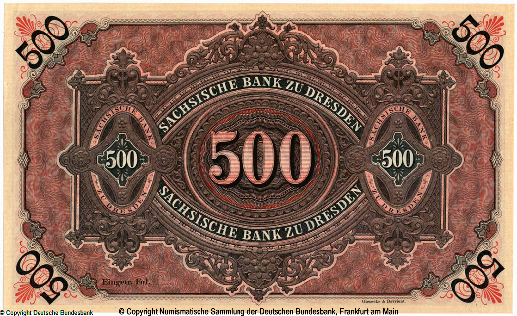 Sächsischen Bank zu Dresden 500 Mark 1911  Litt L. Ser. I. - III.  .  