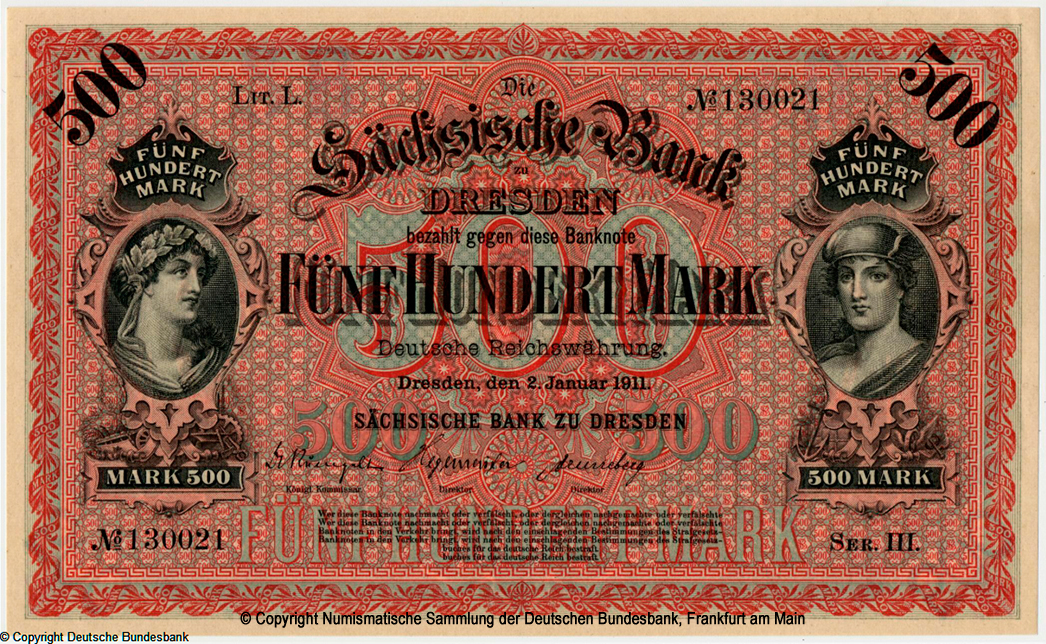 Sächsischen Bank zu Dresden 500 Mark 1911