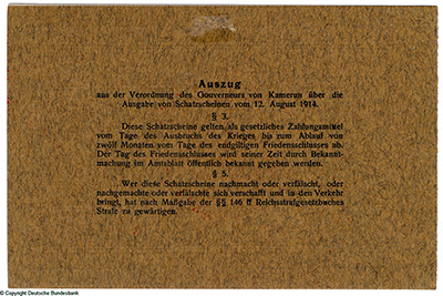 Kaiserliches Gouvernement von Kamerun. Schatzschein. 50 Mark. 12ten August 1914.