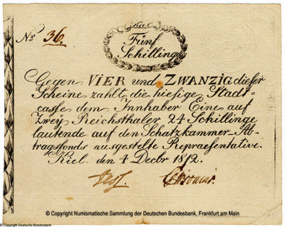 Stadtkasse Kiel Scheine. 5 Schilling. 1812.