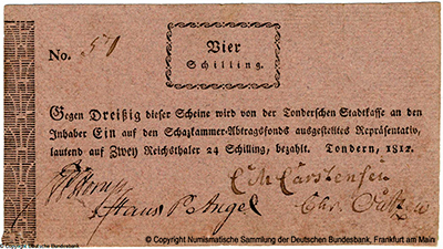 Stadtkasse Tondern Scheine. 4 Schilling. 1812.