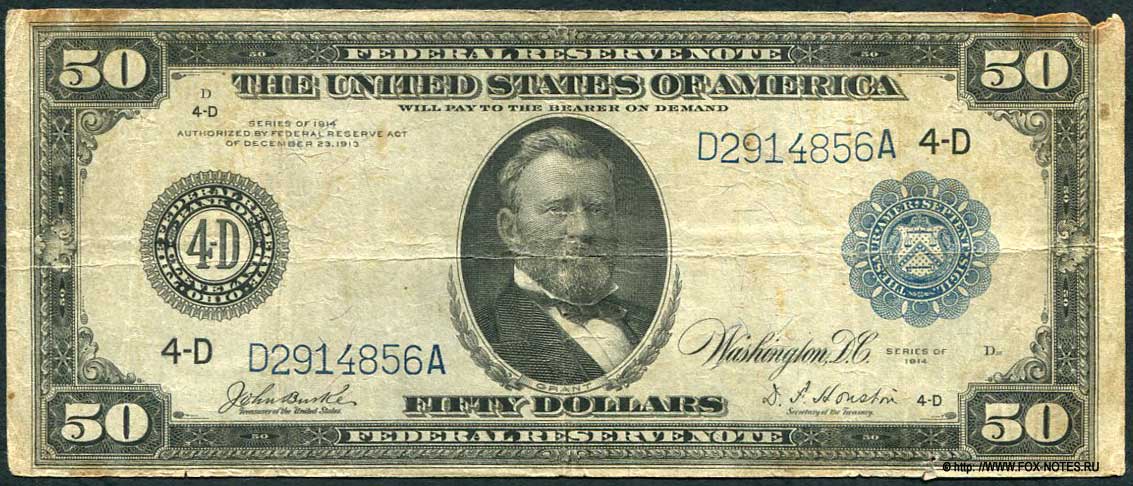 Federal Reserve Notes 50 Dollars Sign. Burke Houston SERIES OF 1914