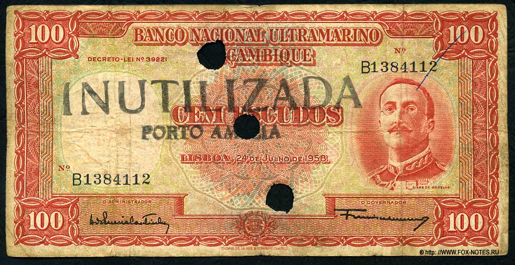Portuguese East Africa - Mozambique. Banknote 100 escudo 1958