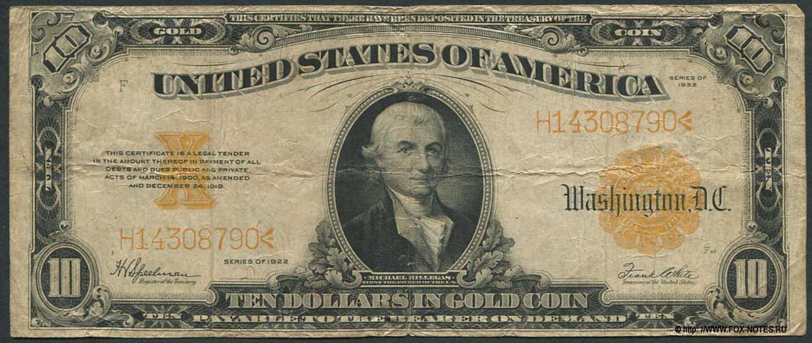 USA Gold Certificates 10 Dollars in Gold Coin Series of 1922 