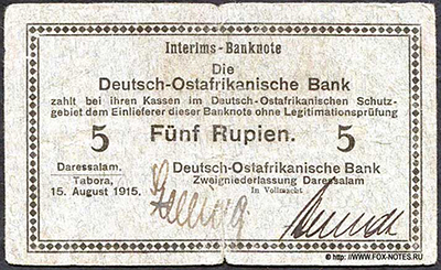 Deutsch-Ostafrikanische Bank. Interims-Banknote. 5 Rupien. 1915.