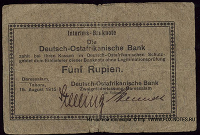Interims-Banknote. Daressalam, Tabora, den 15. August 1915.