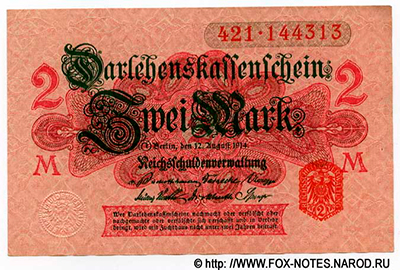 Darlehenskassenschein. 2 Mark. 1914. Reichsschuldenverwaltung