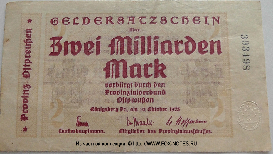 Provinzialverband Ostpreußen 500 000 000 Mark 1923
