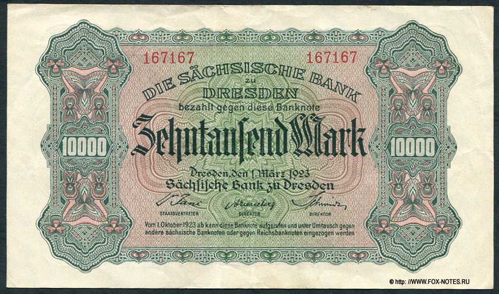 Sächsischen Bank zu Dresden. Banknote. 10000 Mark. 1. März 1923.