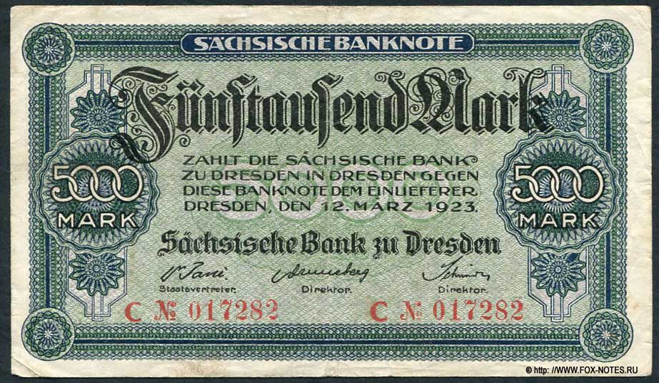 Sächsischen Bank zu Dresden. 5000 Mark. 12. März 1923. SAX14e