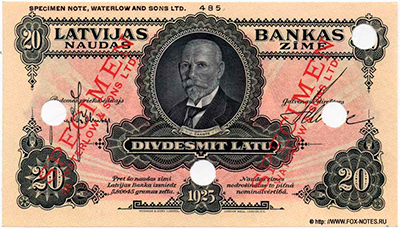 Latvijas Bankas. 20 Latu 1925 SPECIMEN