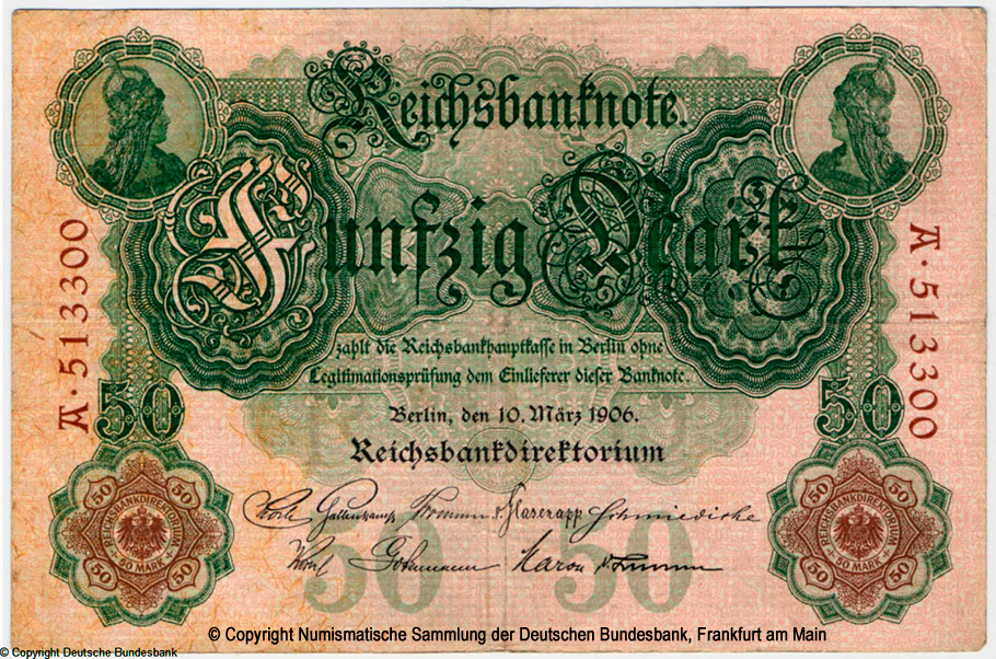 Deutsches Reich. Reichsbank. Reichsbanknote. 50 Mark. 10. März 1906. Udr.-Bst. I.  A.