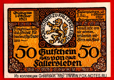 Gutschein von Fallersleben. 1. Oktober 1920. 50 PFENNIG NOTGELD