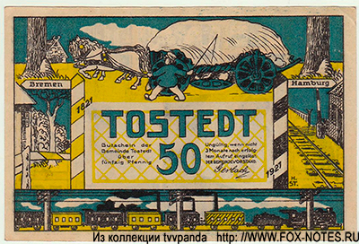 Gutschein der Gemeinde Tostedt. 1921. 50 Pfennig.
