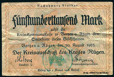 Kreiss=kommunalkasse zu Bergen auf Rügen 500000 Mark 1923