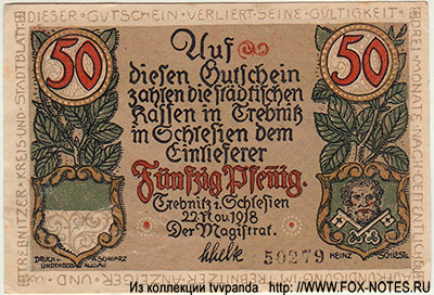 Kreisstadt Trebnitz in Schlesien 50 pfennig 1918 notgeld