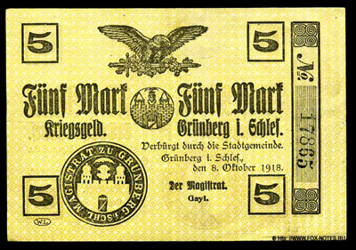 Stadt Grünberg Krigsgeld 5 Mark 1918