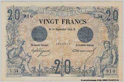 Banque de France 20 francs 1874  noirs
