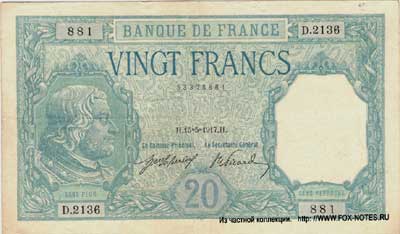 Banque de France 20 франков тип 1916 г. "Bayard"