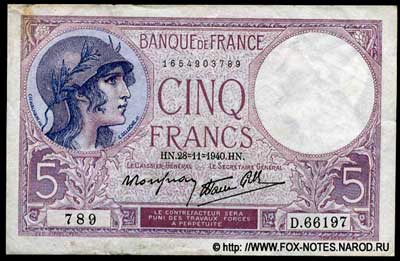 Banque de France 5 francs 1940 P.Rousseau  Favre-Gilli