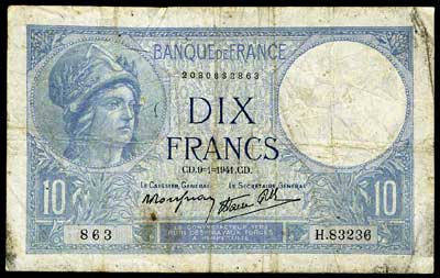Banque de France 10 francs 1941 J.Boyer P.Strohl.