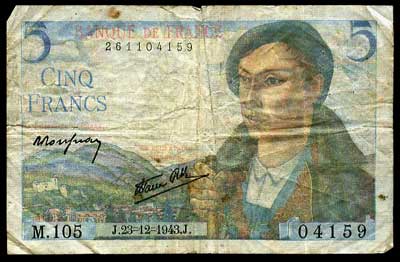 Banque de France 5 Francs 1943 Roussean Favre-Gilli