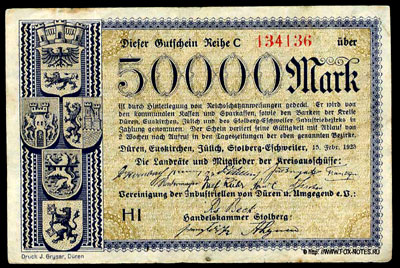 Düren, Euskirchen, Julich, Stolberg, Eschweiler etc. 50000 Mark 1923 Notgeld