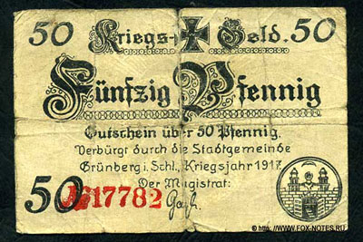 Stadt Grünberg Krigsgeld 50 Pfennig 1917