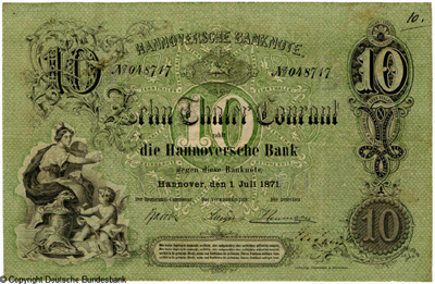 Hannoversche Bank 10 талеров 1871 БАНКНОТА