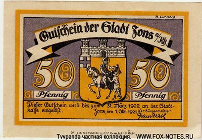 Gutschein der Stadt Zons a/Rh. 1. October 1921. 50 PFENNIG