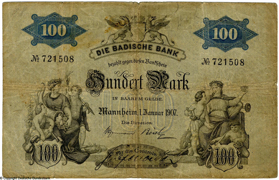 Badische Bank. Bankschein. 100 Mark. 1. Januar 1907. Nr 721508