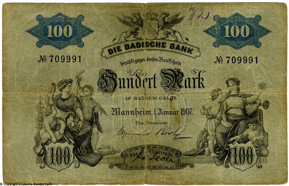 Badische Bank. Bankschein. 100 Mark. 1. Januar 1907. Nr 709991