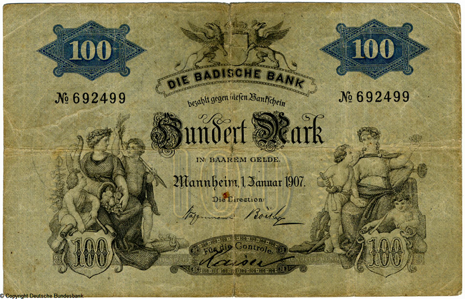 Badische Bank. Bankschein. 100 Mark. 1. Januar 1907. Nr 692499