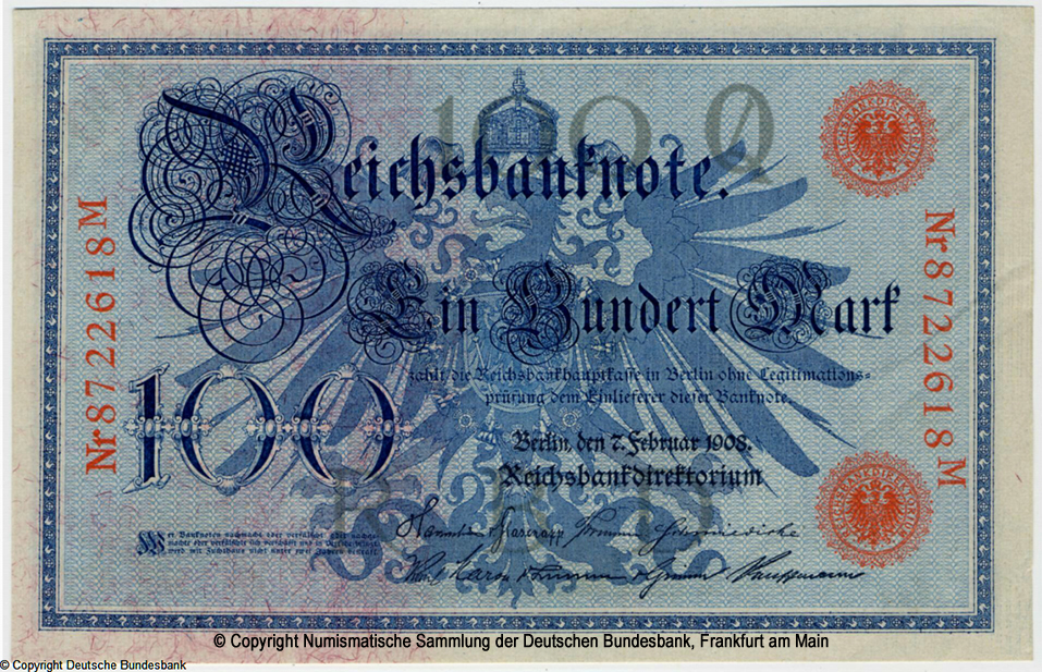 Reichsbanknote. 100 Mark. 7. Februar 1908.