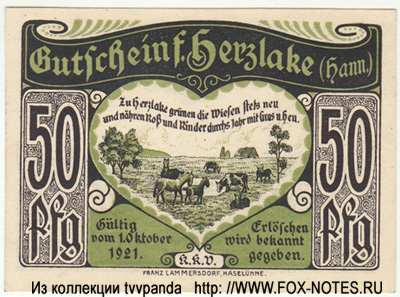 Gutschein Herzlake (Hann.). 50 Pfennig 1921. Gültig bis 1. Oktober 1921.