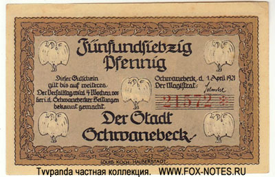 Stadt Schwanebeck 75 Pfennig 1921. NOTGELD 