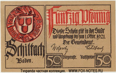Schiltach Kriegsgeld. 1918 50 Pfennig 1. Oktober 1918.