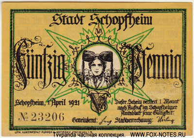 Stadt Schopfheim 1921 50 Pfennig. NOTGELD НОТГЕЛЬД